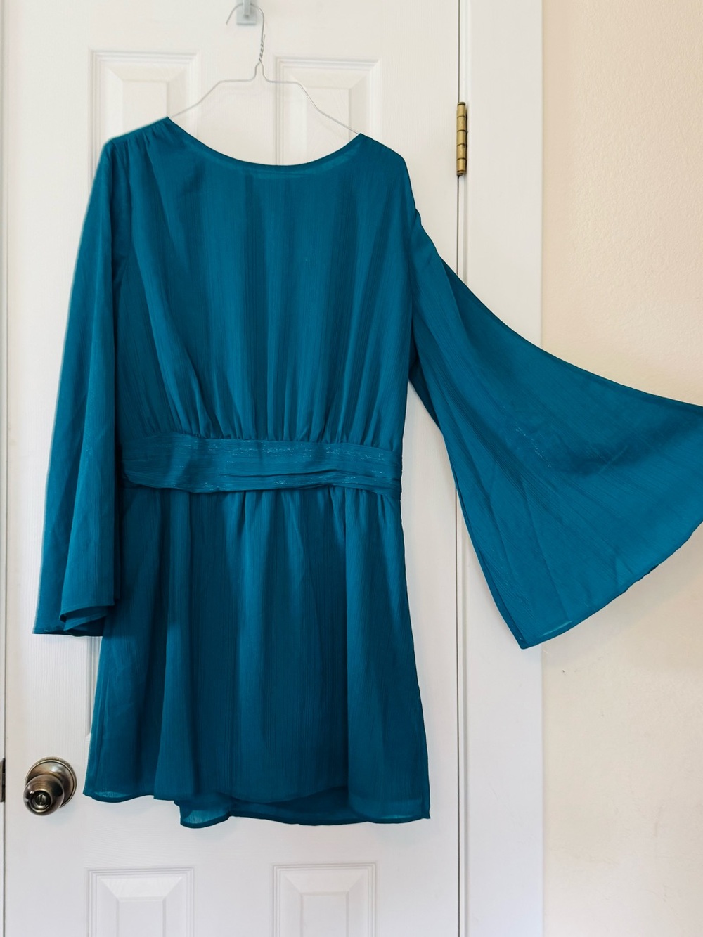 Jessica Simpson Amella Bell Sleeve Teal Ocean Depths Dress NWT Size L Romantic - Picture 3 of 8